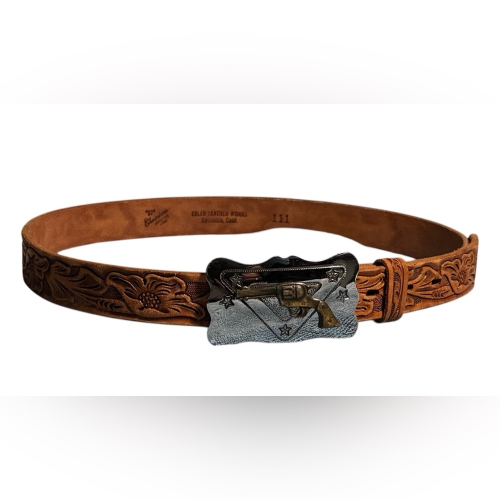 Chambers Belt Co. tooled Leather Brown Men’s Belt with spinning Revolver buckle.